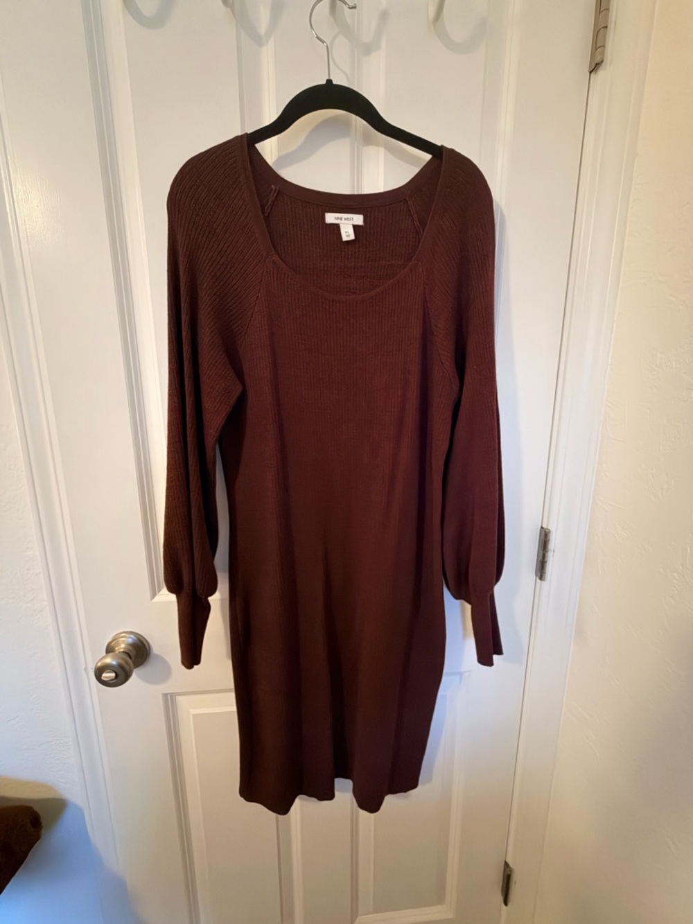 Nine West Ribbed Scoop Neck Sweater Dress in Deep Maroon